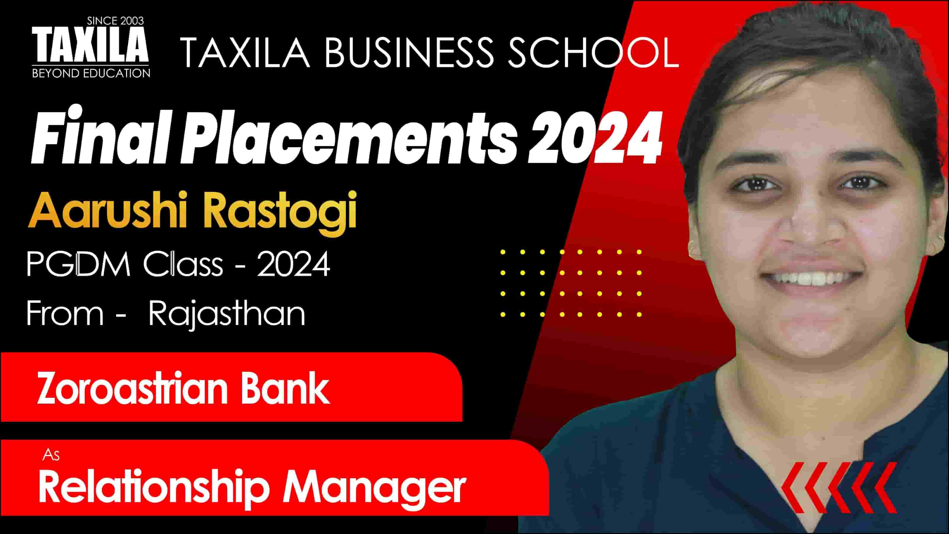 Aarushi Rastogi Placed at Zoroastrian Bank | Student (2022-2024) at Taxila Business School
